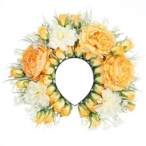 Serre-tête floral artificiel fait main luxueux roses jaunes accessoire cheveux mariage fête.