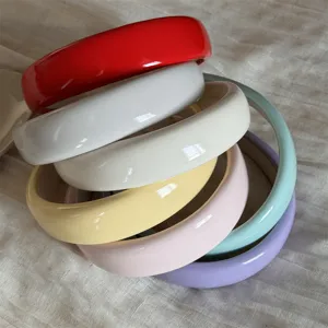 Glossy macaron color thick headband detail shot, stylish hair hoop for women and girls daily wear.