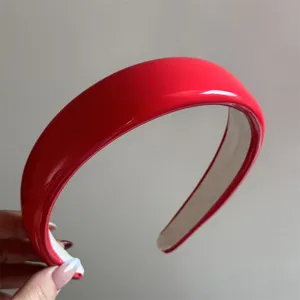 Red patent leather headband for women, gloss wide high crown hair hoop daily style.