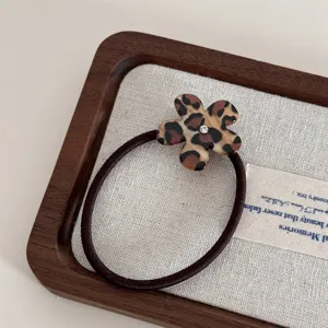 Leopard print flower hair tie with sparkling rhinestone, acetate hair accessories for daily wear.