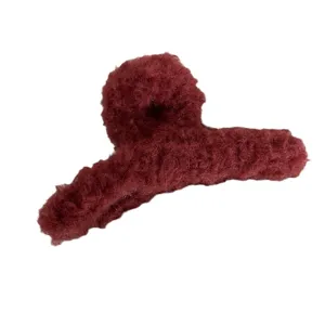 Large burgundy plush hair claw clip for thick hair autumn winter style fluffy shark clip