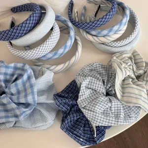Blue plaid and striped headband and hair scrunchie set, vintage fabric hair accessories for women.
