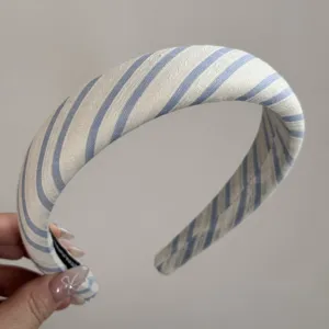 Blue and white striped fabric headband, wide retro hair hoop for women daily wear.