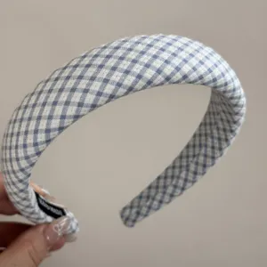 Blue gingham headband detail showing soft fabric, cute plaid hair accessory for daily wear.