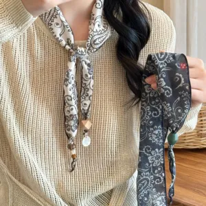 Retro paisley neck scarf with wooden bead charms, stylish decorative hair accessory for women.