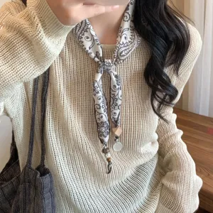 Vintage Paisley Print Fabric Neck Silk Scarf Hair Accessory Beaded Sweater Chain Fashion Decorative Scarf For Women