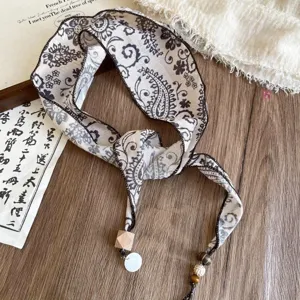 Retro paisley neck scarf and hair accessory with wooden beads, niche vintage design for women.
