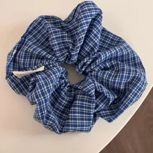 Blue and white plaid hair scrunchie vintage style fabric hair accessory for women daily wear