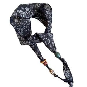 Vintage Paisley Neckerchief with Wooden Beads Women Chic Retro Scarf Hair Accessory