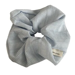 Blue plaid checkered fabric hair scrunchies vintage cute hair accessories for daily wear