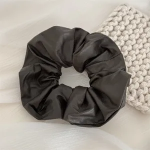 Dark brown faux leather hair scrunchie, soft vintage ponytail holder for daily elegant hairstyles.