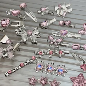 Y2K rhinestone bow hair clips, cute pink crystal star hairpin sweet girl hair accessories