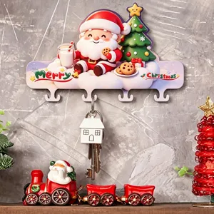 Christmas cartoon Santa key holder wall mounted wooden rack for home hallway decor