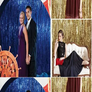 Foil fringe curtain backdrop detail view showing shiny tinsel decoration effect for party stages.