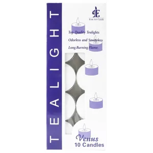 Pack of 10 long-burning tealight candles in white, smokeless and odorless for home use.