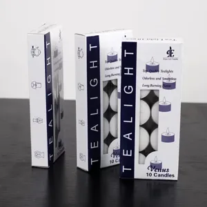 Vista detallada de 10 velas de té en caja de papel, velas de cera sin humo de larga duración.