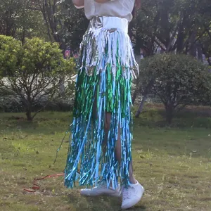 Detailed view of the metallic tinsel fringe skirt, showing multi-color layers for party decor.