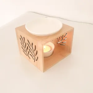 Bamboo hollow aromatherapy lamp candle holder with ceramic dish and tealight for spa.