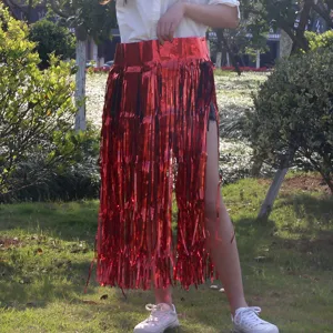 Red tinsel fringe skirt for dance performance Hawaii party and birthday celebration.