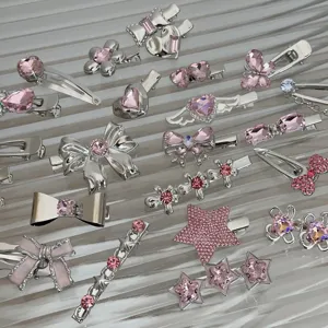 Y2K silver metal hair clips set featuring cute pink rhinestones, bows and stars for women.