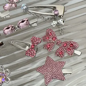 Y2K pink rhinestone bow star hair clips, sweet cool metal side hairpins for women