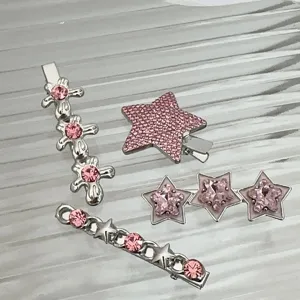 Y2K pink rhinestone hair clip set, metal star and unique shape duckbill side pins for girls.