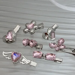 Y2K pink crystal rhinestone metal hair clips set, cute butterfly and heart side duckbill hairpins for women.