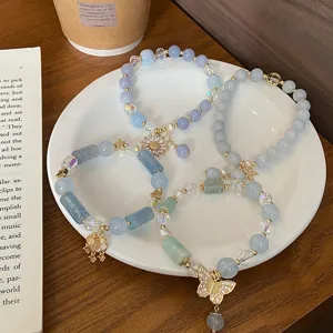 New Chinese Style Blue Chalcedony Beaded Bracelet With Rhinestone Butterfly Peace Lock Pendant Elegant Jewelry For Women