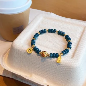 Retro Chinese style blue jadeite bead bracelet with gold gourd and wealth charms for women