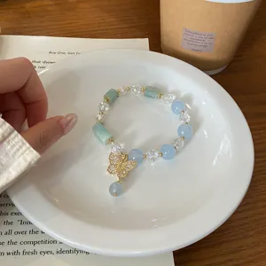 Sweet fresh blue chalcedony crystal beaded butterfly bracelet elegant women hand jewelry