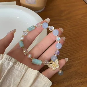 Sweet Chinese style blue chalcedony beaded bracelet with rhinestone butterfly pendant.