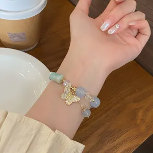 Sweet fresh blue chalcedony crystal butterfly bracelet elegant women hand jewelry accessory