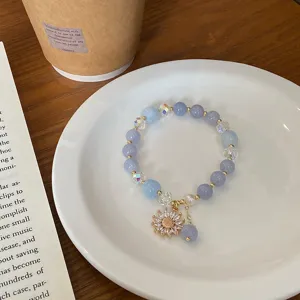 Sweet fresh blue chalcedony beaded bracelet with sparkling sunflower pendant for women.