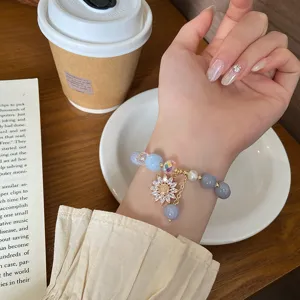 Sweet fresh blue chalcedony bracelet with sparkling zirconia sunflower pendant and pearls for women
