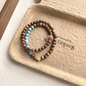 Bracelet de perles en bois double couche style vintage breloque bleue et rose bijoux femme