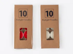Detalles del paquete de 10 velas de té en caja de papel kraft con ventana, rojo y blanco.