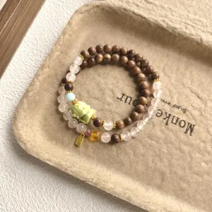 Bracelet double en perles de bois et quartz rose vintage, élégant bijou rétro style chinois.