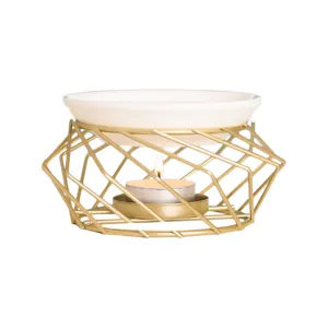 Goldfarbener Eisen Aromabrenner mit Keramikschale, geometrischer Kerzen Ölwärmer fur Zuhause.