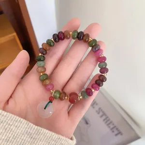 Colorful quartz stone bead bracelet with white agate pendant, retro ethnic style jewelry.