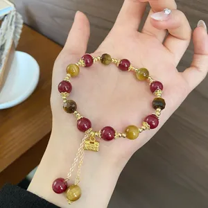 Nuovo braccialetto in pietra occhio di tigre e sabbia d'oro viola con lucchetto e nappa