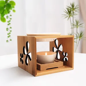 Bamboo Wood Ceramic Aromatherapy Furnace Clover Hollow Candle Holder Essential Oil Burner Home Decor Tea Light Holder