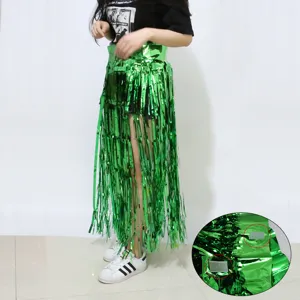 Green metallic tinsel hula skirt for Hawaiian party, dance costume, and festive celebrations.