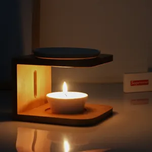 Wooden ceramic essential oil burner candle holder for home aromatherapy and cozy decor.