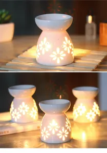 Keramische etherische olie brander met bloemendesign, elegante witte aromalamp voor huisdecor.