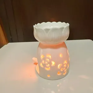 White ceramic aroma oil burner candle lamp hollow flower design bedroom home aromatherapy diffuser