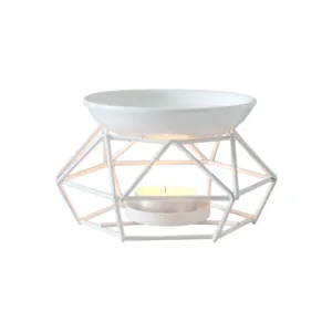 White geometric metal essential oil burner with ceramic dish and tealight candle for spa.