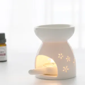 Ceramic Essential Oil Burner Aroma Lamp Candle Holder Hollow Floral White Home Fragrance
