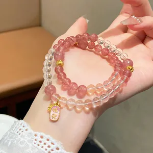 Strawberry quartz double layer crystal bracelet peach charm sweet jewelry detail view