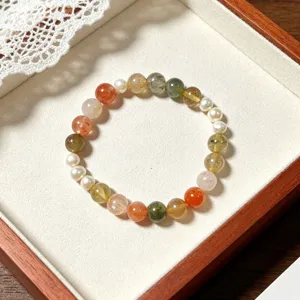Multicolor rutilated quartz mixed pearl bracelet, retro crystal beaded jewelry for daily wear.