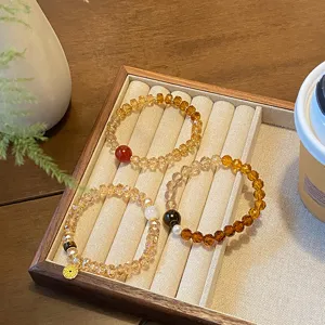 Vintage Chinese Style Artificial Crystal Gradient Bead Bracelet Women Elegant Copper Agate Tiger Eye Hand String Jewelry